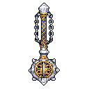 This pixel art showcases a detailed, ornate Keyblade-like weapon with a regal gold, silver, and blue color scheme. The fantasy object features a shield-like hilt, spiraling shaft, and a large, multifaceted crystal at its tip, creating a vibe of power and elegance.