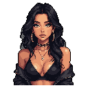 This pixel art portrait features a confident woman with dark hair and edgy style, complete with gold jewelry and a leather jacket. Her subtle expression and direct gaze create an engaging and sophisticated image.