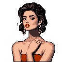 This pixel art portrait captures a confident woman in a red dress, striking a pose with dangling earrings and bold makeup. The detailed pixel art emphasizes her elegant and alluring presence.