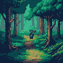 A lone, robed figure journeys through a misty forest in this evocative pixel art piece. Carrying a staff and walking with purpose, the character embarks on a quiet quest into the depths of the woods.