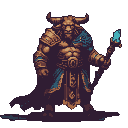 A powerful, armored minotaur warrior stands defiantly with a glowing, magical staff. The pixel art depicts the imposing figure in a darkened setting, emphasizing its strength and mystical aura.