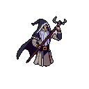 A pixelated wizard, staff in hand and cloaked in mystery, stands ready to cast a spell. The solitary figure, with a long white beard and pointed hat, exudes quiet power.