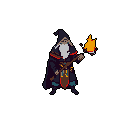 A pixel art wizard, robed and bearded, stands ready with a staff and a glowing flame, casting a spell in the void. The muted color palette and isolated figure evoke a sense of mystery.