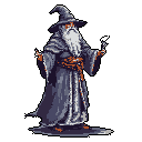 A pixelated wizard, clad in grey and blue robes and sporting a long white beard, stands ready with wands in each hand. The classic fantasy design evokes a sense of wisdom and magical power.