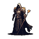A mysterious, heavily armored figure stands silhouetted against darkness, their face hidden by a hood. They wield a staff topped with a fiery orb, radiating power and a sense of foreboding.
