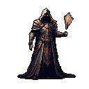 A mysterious, cloaked figure in ornate armor stands in the darkness, their face hidden beneath a deep hood with only glowing eyes visible. Holding a torch aloft, the figure exudes an ominous presence, hinting at a powerful mage, knight, or dark lord.