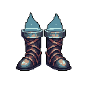 This pixel art showcases a pair of worn, metallic boots with strapped detailing and decorative cuffs, topped with cone shaped objects. The muted color palette and focus on texture give the boots a somber, aged appearance.