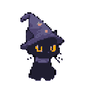 A cute, pixelated black cat dons a witch's hat adorned with stars, its bright yellow eyes hinting at Halloween mischief. The minimalist design and dark tones create a whimsical and charming image.