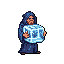 A cloaked wizard carefully cradles a glowing ice cube in this pixel art image. The figure, set against a stark black backdrop, exudes a mystical aura with a cool blue color palette.