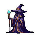 A lone, enigmatic wizard stands cloaked in shadow, their face hidden beneath a wide-brimmed hat. The figure holds a staff topped with a glowing blue flame, hinting at immense magical power and a quiet, ominous presence.