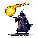 A hooded wizard casts a blazing fireball in this pixel art, the spell's vibrant orange contrasting dramatically against the figure's dark robes. The image captures a moment of intense magical power and focused intent.