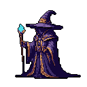 A mysterious, robed wizard stands tall, staff in hand, its turquoise flame hinting at potent magic. The figure's shadowed face and rich, dark robes create an aura of power and solemnity.