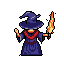 A mysterious, purple-robed wizard stands against a dark backdrop, conjuring magic with a fiery flame in one hand and a golden wand in the other. The figure's faceless visage and muted colors evoke a sense of mystical power.