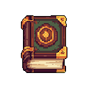 This pixel art showcases an ornate, ancient book with a teal cover, golden accents, and a clover emblem, evoking a sense of mystery and forgotten knowledge. The thick volume, with its rich, earthy tones, hints at a powerful artifact or magical grimoire.