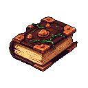 This pixel art image showcases an ornate, closed book, possibly magical, adorned with metallic corners, a central medallion, and vibrant green vines. Its rich color palette and intricate details evoke a sense of ancient lore and fantasy.