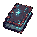 This pixel art depicts an ancient grimoire radiating arcane power, its dark leather cover etched with glowing blue energy and a stylized lightning bolt. The book's luminous pages hint at the potent magic held within, promising both wonder and danger.