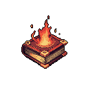 A pixelated, isometric view depicts an ancient, red-bound book consumed by vibrant flames, suggesting powerful magic at work. Against a stark black background, the fiery spectacle evokes mystery and wonder.
