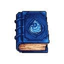 This pixel art showcases an ancient spellbook bound in dark leather, featuring a striking blue water emblem. The book exudes mystery and magical power, hinting at forgotten secrets within its aged pages.
