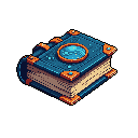 This pixel art showcases a magical, closed book rendered in isometric style, its teal cover shimmering with cosmic details and a central vortex medallion. Copper accents adorn the spine and corners, adding a touch of ancient elegance to this artifact of power and knowledge.