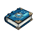 This isometric pixel art showcases an ornate, closed book with a mystical, starry blue cover and golden embellishments. The tome evokes a sense of ancient knowledge and quiet power.
