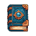 This pixel art showcases an ornate, ancient grimoire, its teal cover adorned with a golden, eye-like motif. The aged tome, rendered in rich blues, oranges, and golds, evokes a sense of mystery and forgotten magical power.