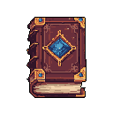 This pixel art depicts an ornate, ancient book adorned with gold and a vibrant blue gem, evoking a sense of mystique and forgotten knowledge. The detailed rendering and rich color palette give this classic artifact a luxurious feel.