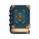 An ornate, teal and gold pixel art tome, possibly a grimoire, stands upright, radiating ancient mystery and the promise of forgotten knowledge. The book's intricate cover features a central eye emblem, golden filigree, and aged metallic corner protectors, evoking classic fantasy literature.