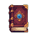 This pixel art showcases an ancient, ornate spellbook, its reddish-brown cover adorned with golden corner protectors and a central medallion featuring a striking blue gem. The tome exudes an aura of potent magic and forgotten lore, hinting at the powerful secrets held within its aged pages.