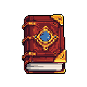 This pixel art showcases a beautifully detailed, magical tome with rich red and brown leather, golden accents, and a striking blue gem at its center, radiating an aura of ancient knowledge and fantasy.