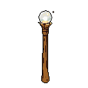 This pixel art showcases an ornate magical staff topped with a radiant, glowing orb. The staff's detailed wooden carvings and contrasting colors evoke a sense of ancient power and fantasy.