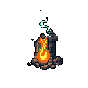 A pixel art campfire blazes within a stone hearth, its vibrant flames and teal smoke contrasting against the stark darkness. The image evokes a feeling of solitary warmth and a focal point in the void.