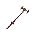 This pixel art showcases a powerful, double-bladed axe staff radiating with magical energy. Its dark metal and reddish-brown handle are punctuated by glowing orange accents, hinting at a formidable force.