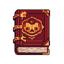 This pixel art showcases a detailed, red and gold tome adorned with a stylized skull emblem, evoking a sense of ancient knowledge and dark mystery. The ornate book, with its reinforced spine and textured pages, feels like a magical artifact from a fantasy world.
