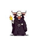 A hooded, white-faced bull creature holds a blazing torch, its pixelated features hinting at a calm yet mysterious presence. The limited color palette and stark black background emphasize the figure and the torch's vibrant light.