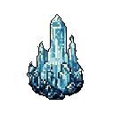 A luminous crystal cluster, dominated by a towering central crystal, rises dramatically against a stark black background. The image captures a sense of cool mystery and otherworldly beauty through its intricate, jagged formations and monochromatic blue and white palette.