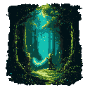 A pixelated path beckons into a mysterious teal and green forest, promising enchantment with a hint of trepidation. Sparkling light dances through the dense trees, inviting viewers deeper into the unknown.