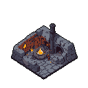 This pixel art diorama showcases a miniature blacksmith working at a stone forge, brought to life with warm, flickering flames. The gritty, isometric scene captures a moment of rustic industry and fantastical craft.