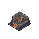 This pixel art showcases a blacksmith's forge, complete with flickering flames and essential tools, set within a rustic stone corner. The scene captures the essence of ancient craft, emphasizing the heat and age of the environment.