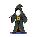 A cloaked and hooded wizard, defined by a long white beard and teal robes, stands with open hands, radiating a sense of mystery and quiet power.
