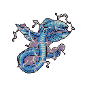 This pixel art depicts a dynamic, serpentine dragon in mid-air, its twisting form and scattered pixel fragments suggesting a burst of energy. Rendered in cool blues and purples against a black void, the image evokes a sense of both power and mystery.