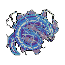 This pixel art showcases a powerful, crystalline dragon or serpent creature coiled in mid-motion against a stark black background. The fragmented, blue and purple design gives it an elemental, magical feel, suggesting a creature unleashing a potent attack.