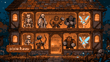 Step into the "pixie.haus," a pixel art shop showcasing fantastical creatures in its glowing windows, from skeletons and orcs to archers and ethereal blue fairies. This two-story timber building displays a curious collection of mythical beings, hinting at a world of adventure and wonder.