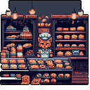 A pixelated cat baker stands proudly behind a counter laden with delicious treats in this charming bakery scene. Shelves overflow with pastries, creating a cozy and inviting atmosphere reminiscent of a classic neighborhood shop.