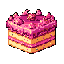 A mouthwatering pixel art cake slice with layers of sponge and pink filling is topped with bumpy frosting and colorful sprinkles. This sweet treat, rendered in a vibrant and nostalgic style, is a delightful digital dessert.