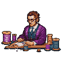 A pixel art image depicts a focused tailor meticulously sewing at his table, surrounded by spools of thread and fabric. The rich, muted color palette and solid black backdrop emphasize the artisan's dedication to his craft.