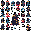 A pale, cloaked figure sits surrounded by a grid of elaborate pixelated clothing, creating a sense of regal display and hinting at a dark, theatrical narrative. The collection of coats, robes, and accessories suggests options for the character's wardrobe, emphasizing a formal and potentially mysterious aesthetic.