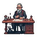 A focused, elderly tailor is captured in pixel art, leaning intently over his workbench, examining a piece of fabric with quiet concentration. The muted colors and detailed workspace evoke a sense of vintage craftsmanship.