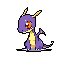 A cute, pixelated purple dragon sits contentedly, its friendly orange eye and relaxed posture creating a whimsical and charming image. The creature's simple design and vibrant color palette make it pop against the dark background.