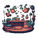 This pixel art depicts a whimsical, gravity-defying tea party with floating teapots, cups, and pastries arranged around a wooden table. The cozy yet chaotic scene evokes a sense of playful magic and a dreamlike setting.