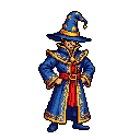 A confident, grinning wizard in a star-studded blue hat and ornate robe strikes a pose, radiating magical energy and a touch of mischief. The vibrant pixel art showcases a powerful sorcerer ready for adventure.